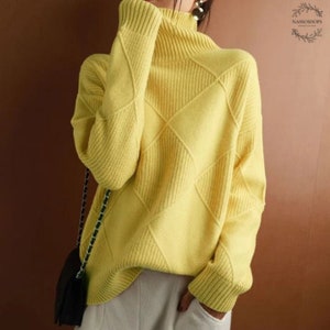 Women's Cashmere Turtleneck Sweater Pure Color Knitted Pullover 100% Wool Oversized Cozy Winter Fashion Inactive Yellow