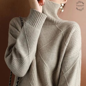 Women's Cashmere Turtleneck Sweater Pure Color Knitted Pullover 100% Wool Oversized Cozy Winter Fashion Inactive Beige