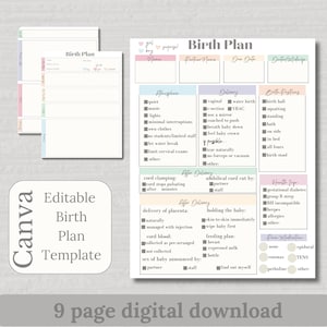 Puede incluir: Una plantilla de plan de parto imprimible con secciones para el ambiente, el parto, las posiciones de parto, después del parto, información sobre la salud y medicamentos para el dolor. La plantilla está diseñada para un parto en el hospital e incluye opciones para el parto vaginal, la cesárea, el parto en el agua y el VBAC. La plantilla también incluye opciones para el pinzamiento del cordón umbilical, el parto de la placenta y el cuidado del bebé. La plantilla está diseñada para ser completada por el padre o la madre que espera y su pareja.