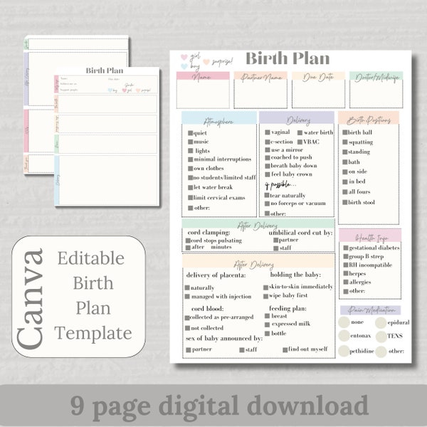 Modèle de Plan de naissance modifiable, modèle de Plan de naissance de césarienne pour les femmes enceintes, préférences de naissance, document à distribuer Doula, Plan de naissance imprimable