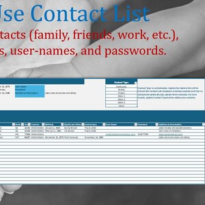 Contact List (Family, Friends, Work, Contractors, Emergency, Etc.), Google Sheets & Excel, Address Book Password and Username Organizer