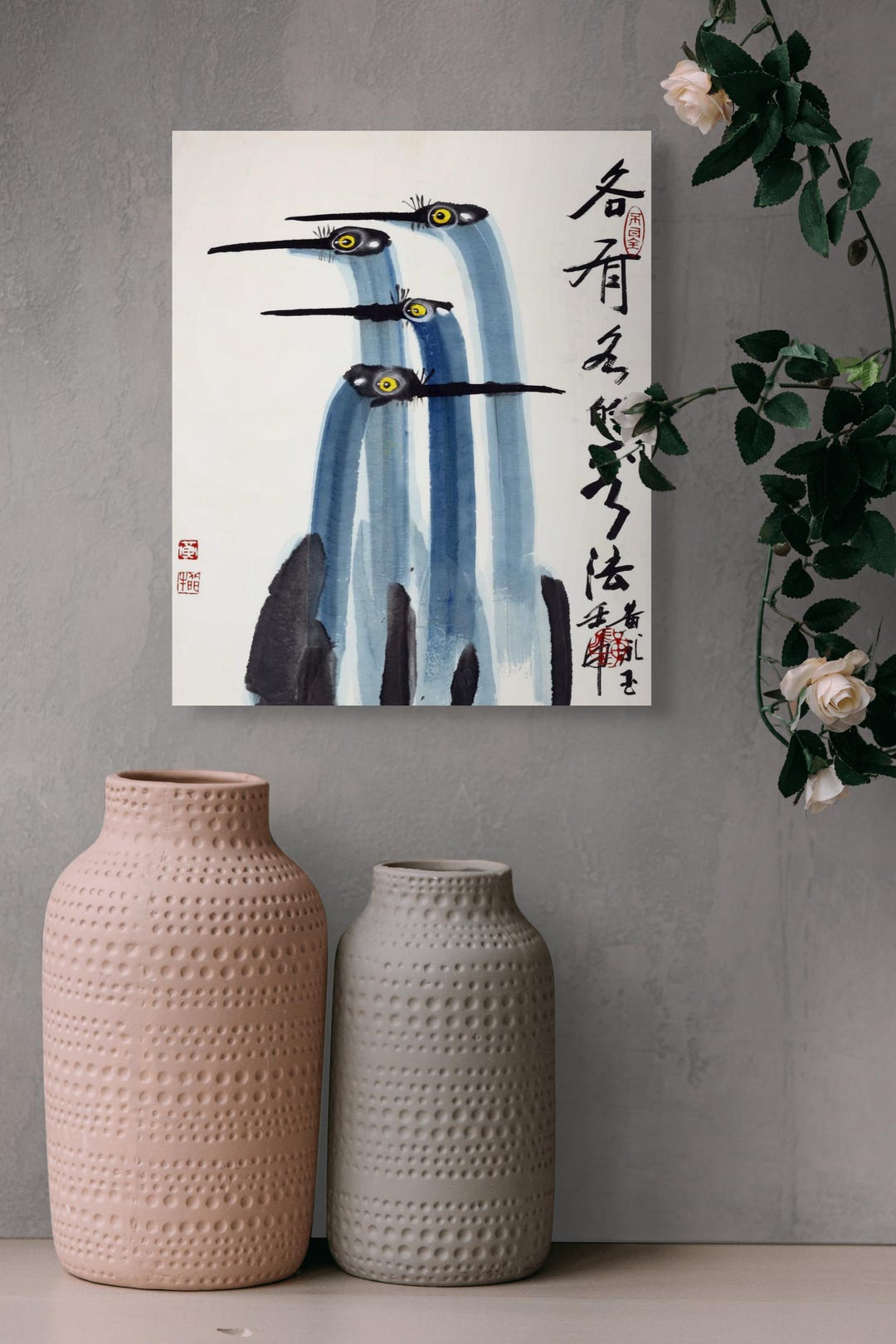 Crane Ink Painting Print: Vintage Chinese Watercolor Wall Art - Etsy