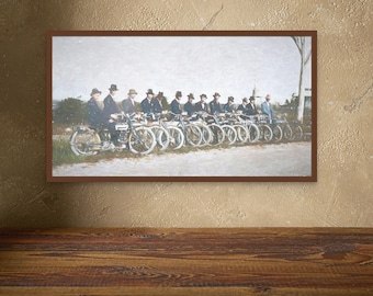 May include: A framed vintage print shows a group of men in suits and hats on motorcycles. The motorcycles are arranged on a dirt track. The print is in a brown frame and is mounted on a textured wall.