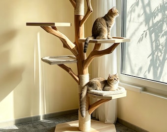 Handmade solid wood multi-layered cat tree, indoor cat tower