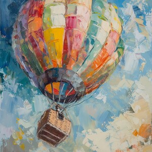 Puede incluir: Un globo aerost&aacute;tico colorido con una cesta de mimbre, pintado en un estilo texturizado contra un cielo azul y blanco nublado.