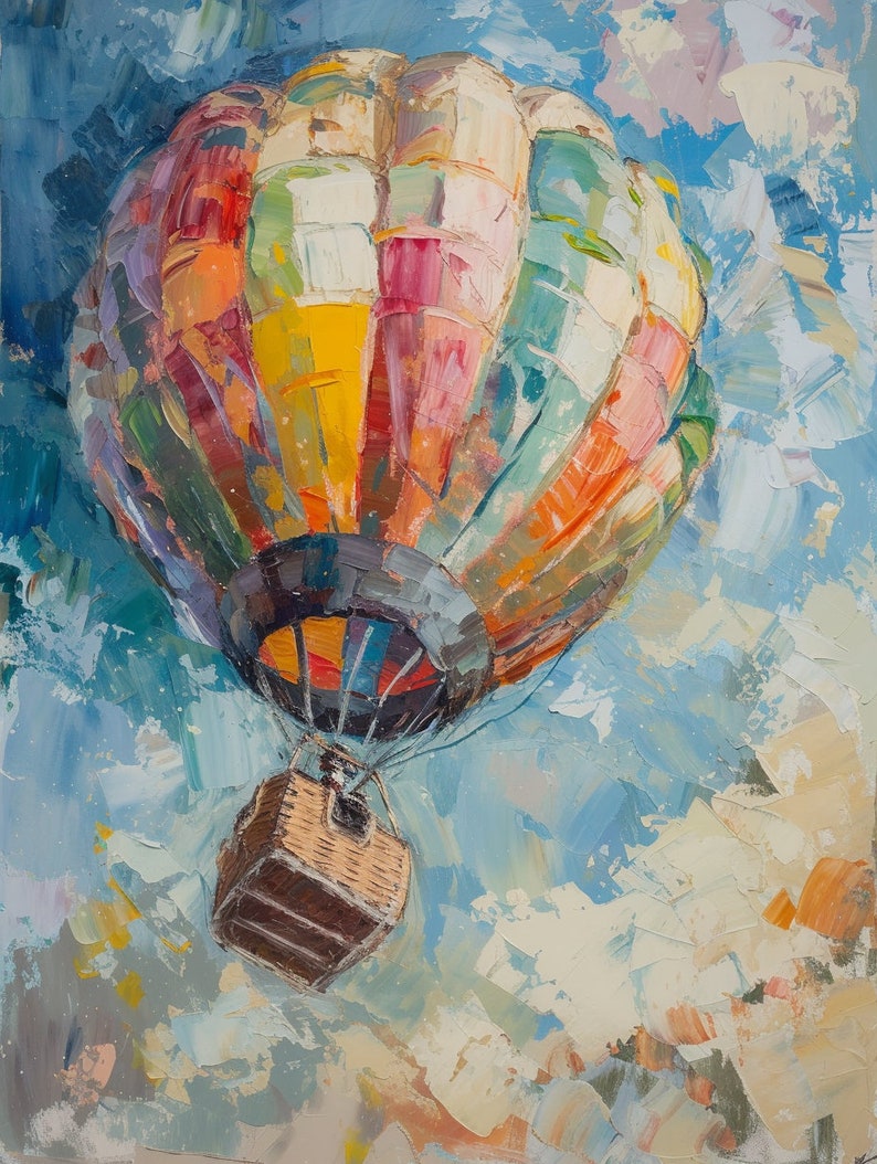 Puede incluir: Un globo aerost&aacute;tico colorido con una cesta de mimbre, pintado en un estilo texturizado contra un cielo azul y blanco nublado.