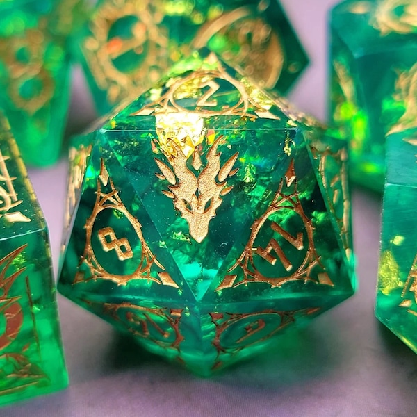 Gilded Forest - Dragon Dice Set - DnD Polyhedral Sharp Edge Resin Dragon Dice