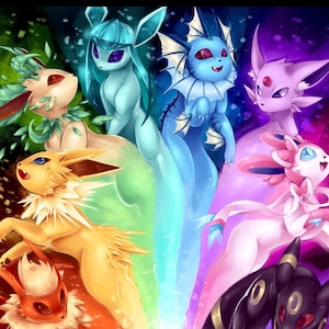 May include: A colourful digital illustration featuring various creatures in a rainbow arrangement. The artwork showcases a central brown creature with large ears, surrounded by others in shades of green, blue, yellow, pink, and black. The image has a fantasy theme.