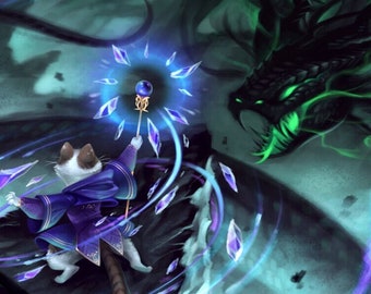 Clash with Acidic Shadow - Drache gegen Katze Magier Original 11x17 Poster Druck