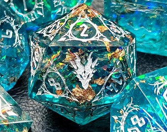 Aquatic Treasures - Jeu de dés dragon - Dés dragon polyédriques en résine à bords tranchants du D&D