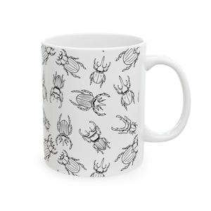 Beetle Pattern Ceramic Mug, Bug Lover Gift, Insect Design Coffee Cup, Unique Kitchen Decor, Nature Inspired Mug