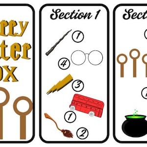 May include: A themed graphic with the words "Harry Potter BOX" in gold. The image is divided into sections with illustrations of a wand, glasses, a broom, a red bus, a phoenix, a potion bottle, a cauldron, and other themed items.