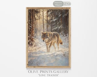 Brown Wild Wolf Painting, Lone Wolf Stalking in Snow, Animal Wolf Art Print, Snowy Winter Forest Wolf Artwork, Dark Academic Wall Art Decor