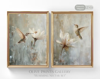 Humming Bird Painting, Contemporary Minimalist Bird Fine Artwork, Calming Peaceful Earth Tones Floral Bird Art, Two-Piece Office Wall Art