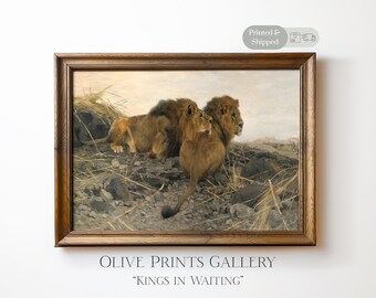 Realistic Lion Art Painting, Classic Wilihelm Kuhnert African Wildlife Safari Animals Artwork, Majestic Vintage Lions Mane Wall Art Print