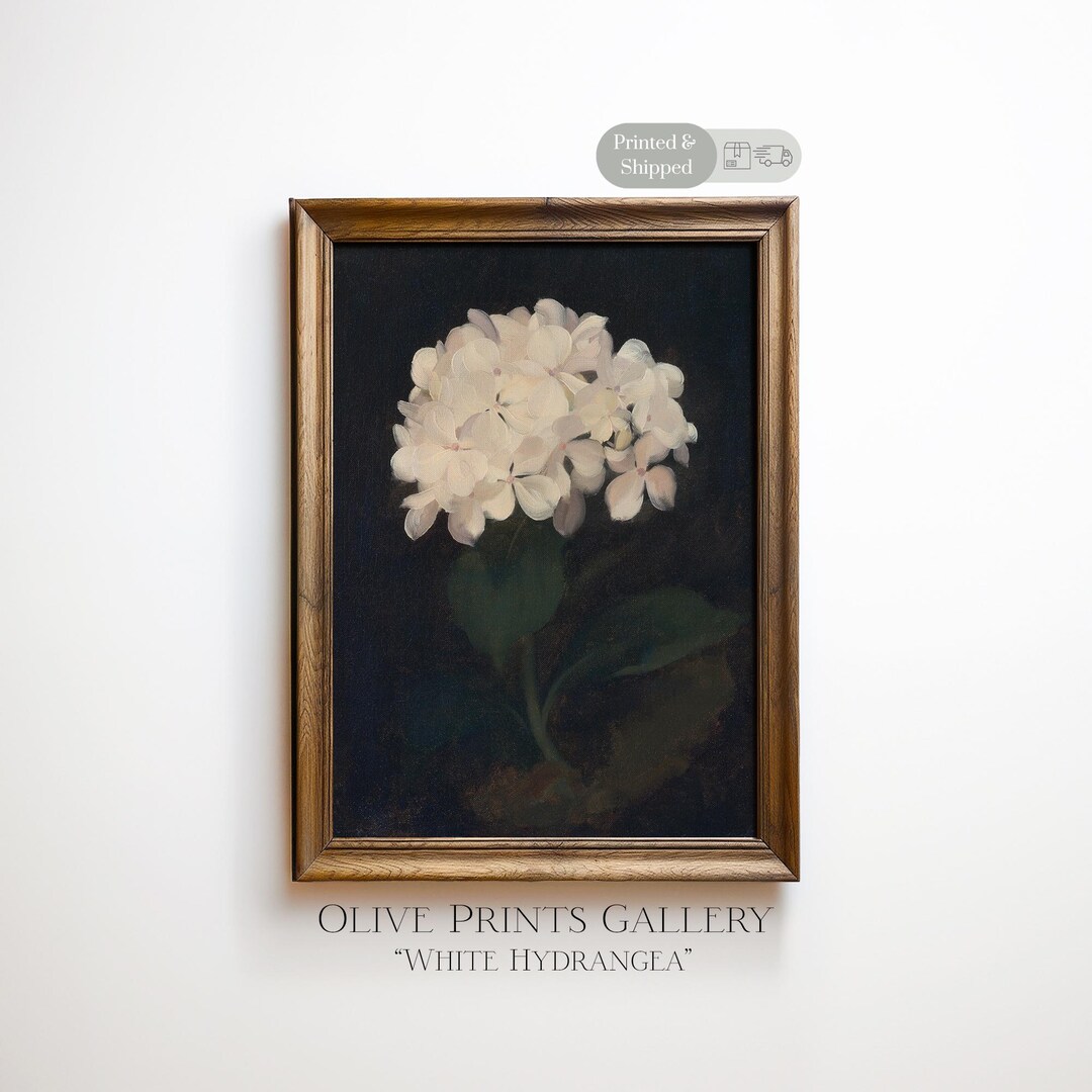 White Hydrangea Oil Painting, Vintage Moody Flower Print, Physical ...