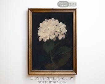 White Hydrangea Oil Painting, Vintage Moody Flower Print, Physical Shipped Art, Dark Academia Floral Print, Vintage Original Still Life Art