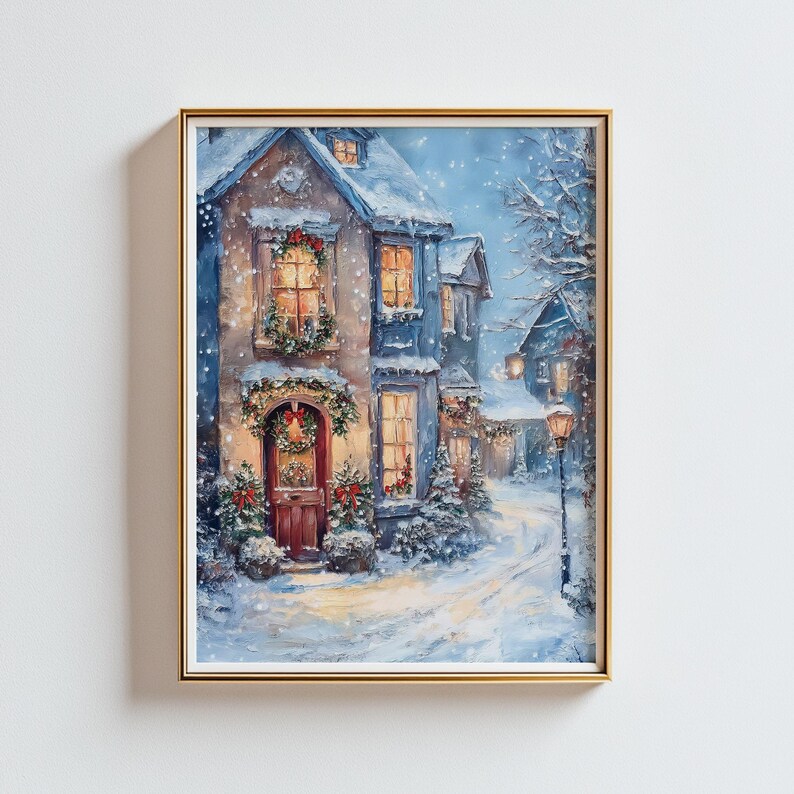 May include: A painting of a snow-covered street scene with a house decorated for Christmas. The house has a red door and a wreath with a bow. The street is lit by a street lamp and there are snow-covered trees in the background.