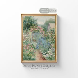 Dipinto ad acquerello di rose inglesi, sentiero nel giardino, opera d'arte primaverile, fiore di gardenia segreta, decorazione di cottage di campagna, arte floreale