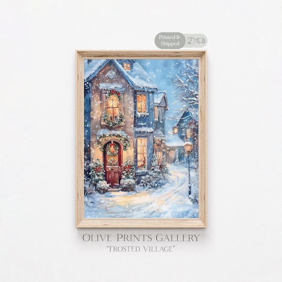 Christmas Village Painting Art, Winter Snowy Village Scene Print, Physical Shipped Art, Winter Wonderland Artwork, Christmas Town Painting