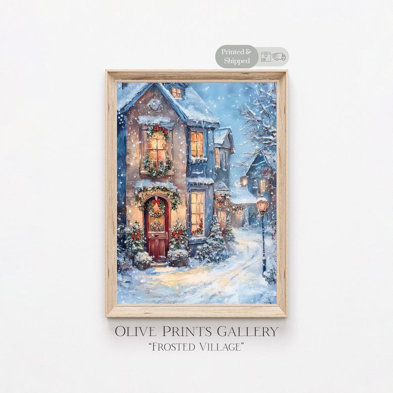May include: A painting of a snow-covered village at night with a house in the foreground. The house has a red door and is decorated with Christmas lights and wreaths. The street is lined with snow-covered trees and lampposts. The sky is a dark blue with falling snow.