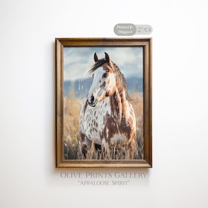 Leopard Appaloosa geflecktes Pferdeölgemälde, realistische Wildpferdekunstdruck, kanadische Wildnis-rustikales Hütten-Bauernhausdekor