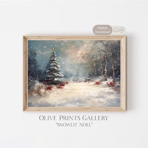 May include: A framed winter landscape painting with a snow-covered path leading to a Christmas tree. The artwork features a snowy forest scene with a soft, muted color palette of blues, whites, and touches of red. The text "SNOWLIT NOEL" is visible.