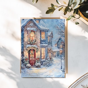 May include: A snowy winter scene with a charming house decorated for Christmas. The house has a red door with a wreath and a garland of lights. The windows are lit up and there is snow on the ground.