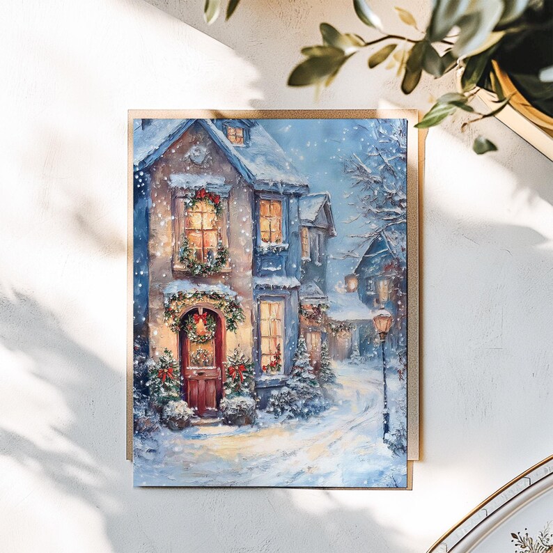 May include: A snowy winter scene with a charming house decorated for Christmas. The house has a red door with a wreath and a garland of lights. The windows are lit up and there is snow on the ground.