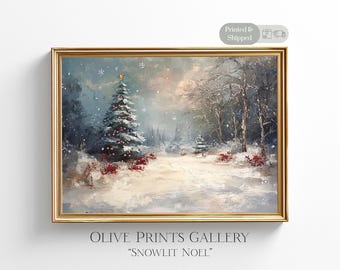 Christmas Tree Oil Painting, Physical Shipped Art, Winter Wonderland Forest Pine Tree Painting, Snowy Mountain Artwork, Winter Scene Print