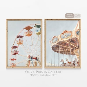 Soft Pastel Color Painting Carnival Artwork Fairground Art Vintage Circus Themed Carousel Light Blue Decor Amusement Park Ferris Wheel Print