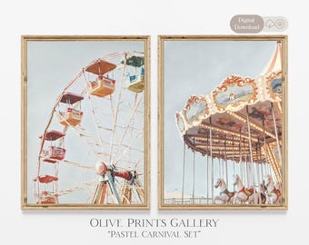 May include: Two framed prints featuring a Ferris wheel and a carousel. The Ferris wheel has red and orange cars. The carousel has white horses and a decorative top. The text "PASTEL CARNIVAL SET" is visible.