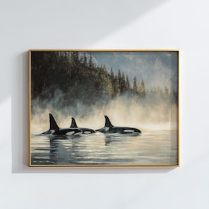 May include: A painting depicting three orcas swimming in a misty, foggy lake. The orcas are black and white and are swimming in a line. The background is a forest with a misty, foggy lake.