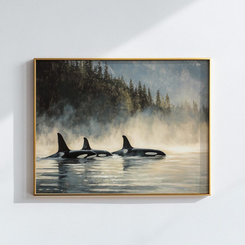May include: A painting depicting three orcas swimming in a misty, foggy lake. The orcas are black and white and are swimming in a line. The background is a forest with a misty, foggy lake.