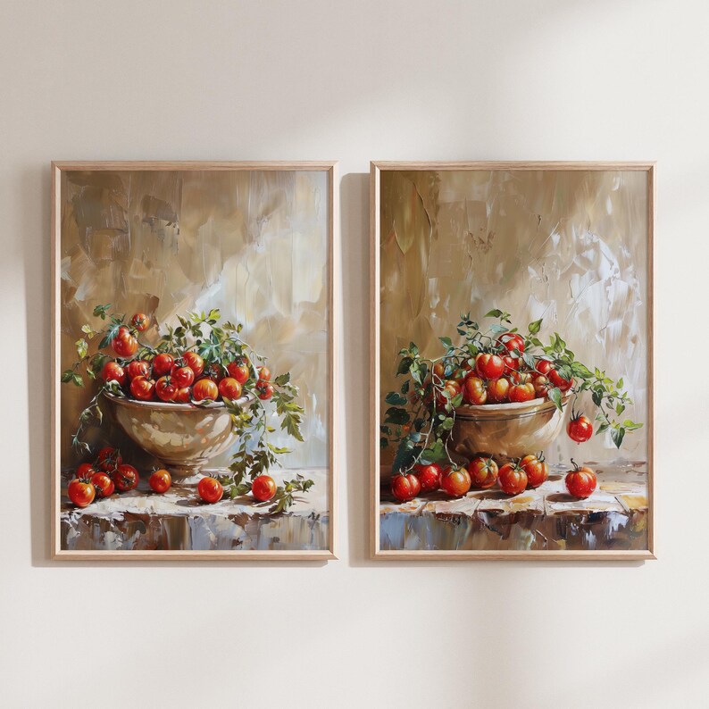 May include: Two framed paintings of still life with tomatoes in a bowl. The paintings are set against a textured beige background. The tomatoes are red and the bowls are white.
