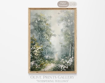 Arte imprimible, paisaje, pintura al óleo, arte mural forestal, impresiones antiguas vintage, descarga digital, impresión de pino, naturaleza, cabaña, decoración del hogar, estilo apagado