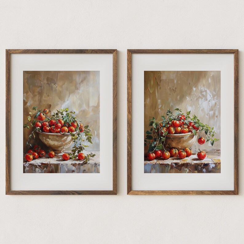 May include: Two framed prints of still life paintings featuring bowls overflowing with red tomatoes and green vines. The paintings are set against a textured beige background.
