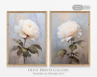 White Peonies Still Life Painting • Floral Abstract Peony Set Artwork • Light Academia Romanticism Art • Modern Farmhouse Cottage Core Decor