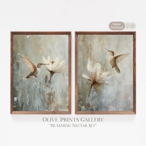 Könnte beinhalten: Zwei gerahmte Kunstdrucke mit Kolibris und weißen Blumen. Das Kunstwerk hat eine weiche, gedämpfte Farbpalette mit einem strukturierten, malerischen Stil. Die Rahmen sind in einem warmen Braunton gehalten. Der Text "OLIVE PRINTS GALLERY" und "HUMMING NECTAR SET" befindet sich unten.