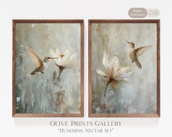 Humming Bird Oil Painting, Digital Kitchen Artwork, Instant Download Gift for Bird Lovers, Printable Neutral Wall Art Office Decor, Fine art