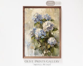 Blue Hydrangea Oil Painting, Vintage Flower Print, Printable Botanical Art, Farmhouse Decor,  Floral Print, Flower Still Life, Hydrangea Art