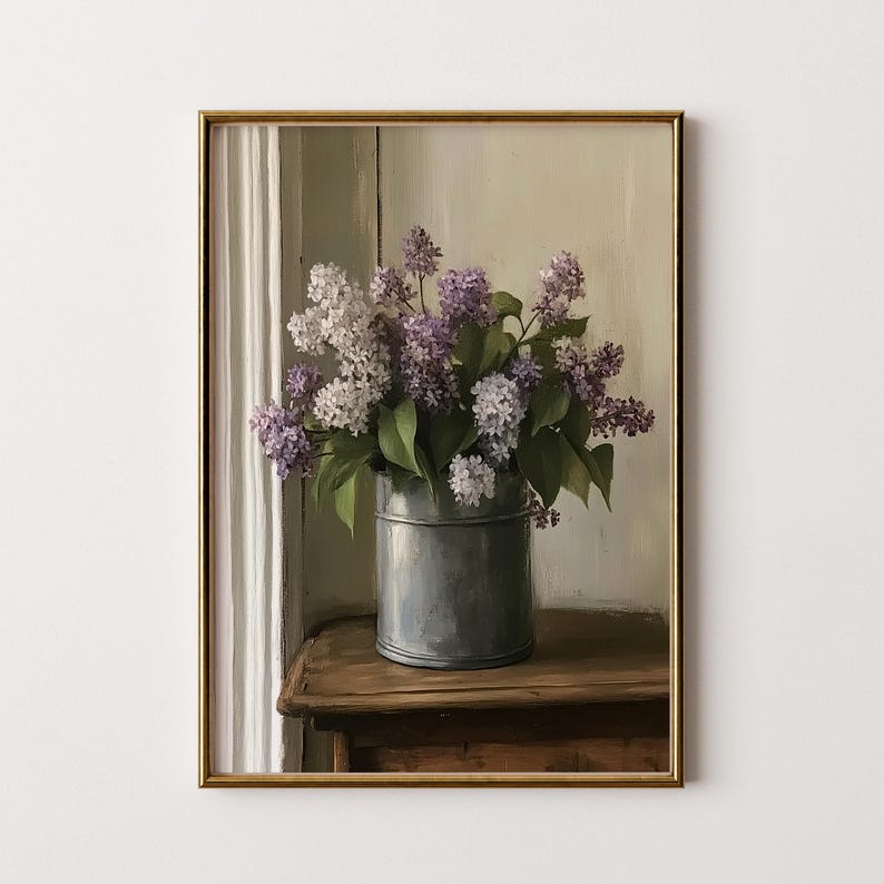 Fineart Print Lilac Flowers Dark Academia Cottage Core Wallart Victorian Still Life Oil Painting Farm House Decor Rustic Romance Floral Art image 6