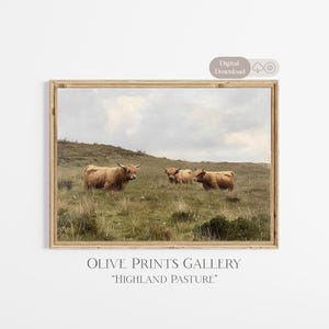 Highland Cattle Fluffy Cow Oil Painting Rustic Farmyard Animal Artwork Antique Scotland Meadow Landscape Farmhouse Style Decor Muted Colours