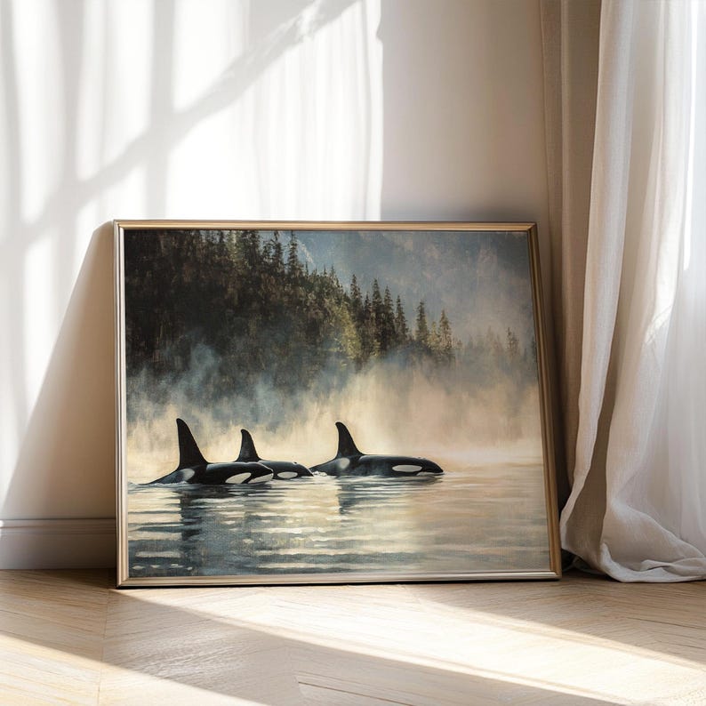 May include: A framed painting depicting three orcas swimming in a misty, forested landscape. The orcas are black and white, and the water is a light blue. The forest is a dark green, and the mist is a light grey.