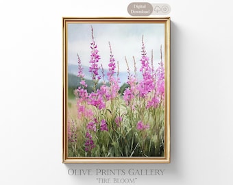 Fireweed Rosebay Willowherb Painting Alaska Wilderness Spring Watercolour Mountain Alpine Meadow Wildflower Summer Bloom Field Floral Decor