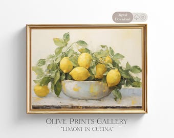 Country Kitchen Art Print Oil Painting Lemon Citrus Farmhouse Decor Fruit Still Life Vintage Printable Wall Art Digital Download Italian