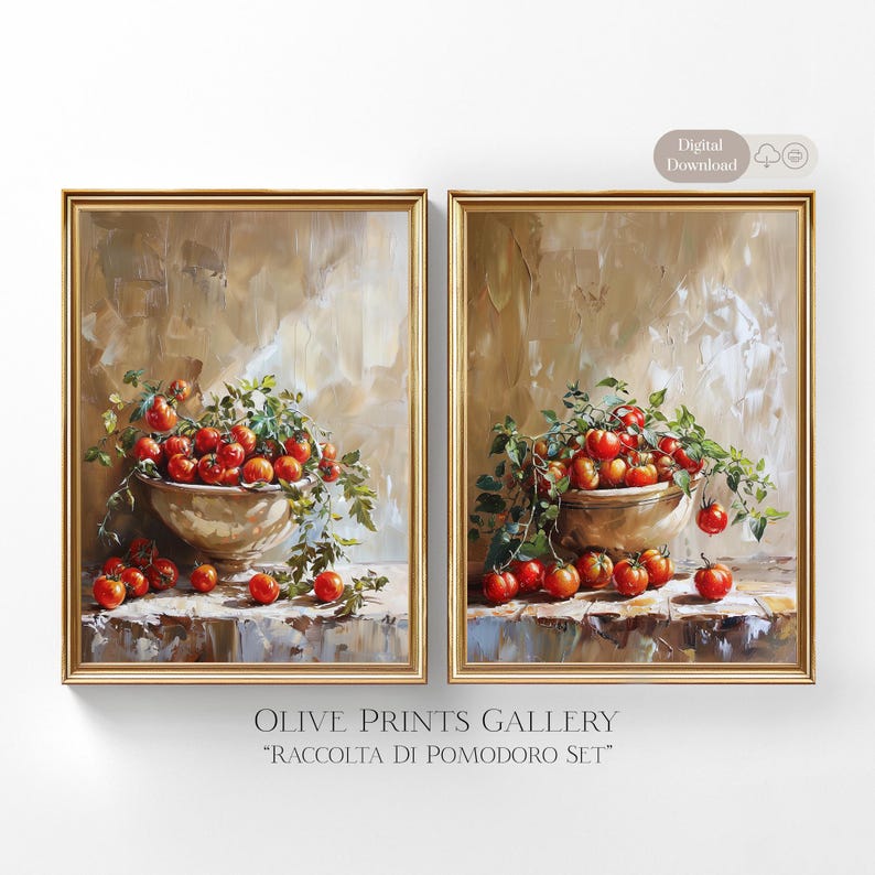 May include: A set of two digital prints featuring a still life of red tomatoes in a bowl with green vines. The prints are framed in gold and have a rustic background.