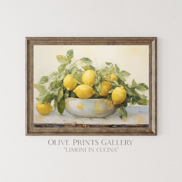 Country Kitchen Art Print Oil Painting Lemon Citrus Farmhouse Decor Fruit Still Life Vintage Printable Wall Art Digital Download Italian