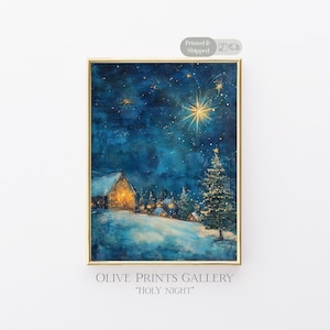 Christmas Nativity Oil Painting, Starry Night, Nativity Star Scene Art Work, Physical Shipped Art, Christmas Village Artwork Print, Wall Art