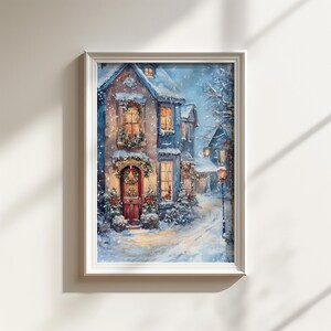 Christmas Village Painting Art, Winter Snowy Village Scene Print, Physical Shipped Art, Winter Wonderland Artwork, Christmas Town Painting image 9
